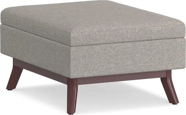 Main image of SIMPLIHOME Owen 34 inch Wide Mid Century Modern Rectangle Coffee Table Storage Ottoman in Cloud Grey Polyester Fabric, Assembled, For the Living Room, Entryway and Family Room