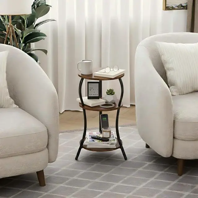 Alt view image 6 of 7 - Vintage Small Round Side Table, 3-Tier Slim Waist Circular End Table with Storage Shelf, Compact Tea Sofa Table, Round Corner Coffee Table Nightstand for Living Room Bedroom Small Spaces,Rustic Brown