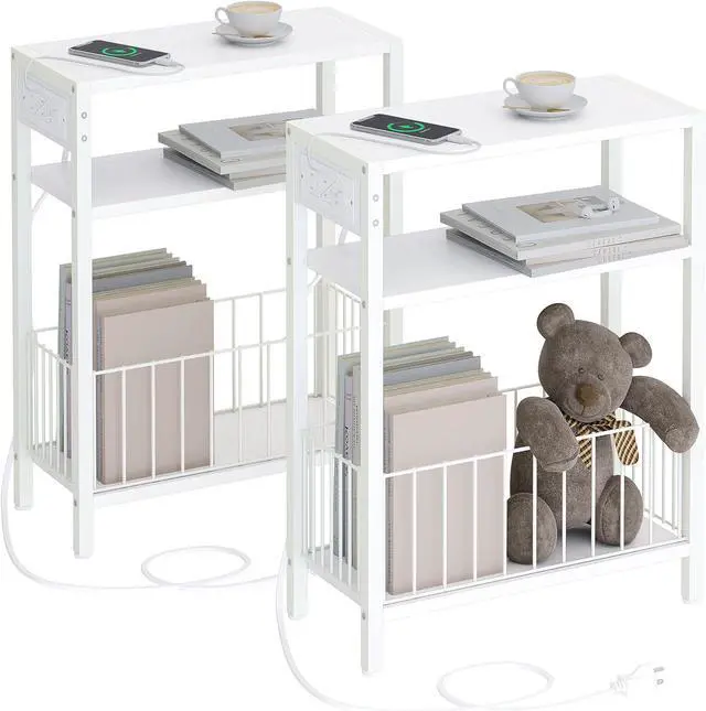 Main image of Narrow Side Table with Charging Station Set of 2, Small End Table for Small Spaces, Slim Nightstand with Storage Basket, 3 Tier Skinny Bedside Table for Living Room, Bedroom, White