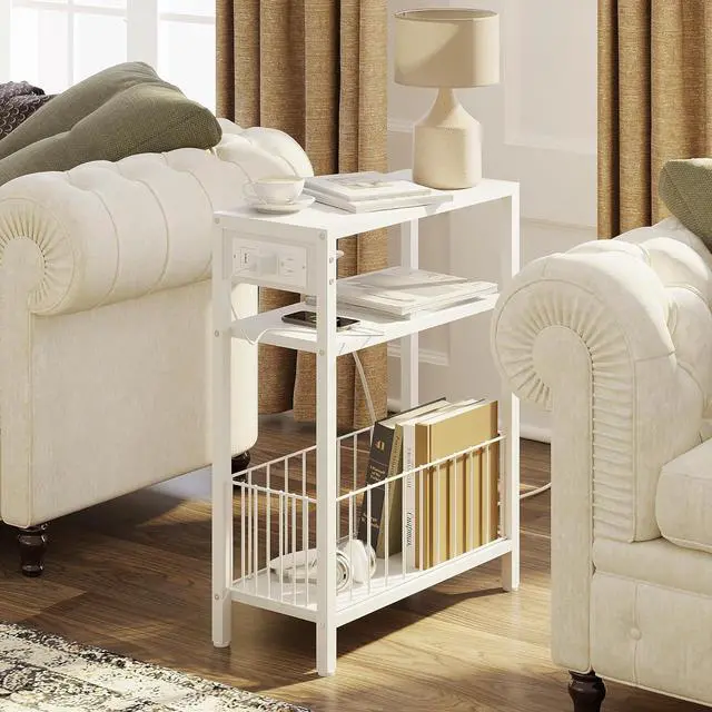 Alt view image 2 of 7 - Narrow Side Table with Charging Station Set of 2, Small End Table for Small Spaces, Slim Nightstand with Storage Basket, 3 Tier Skinny Bedside Table for Living Room, Bedroom, White