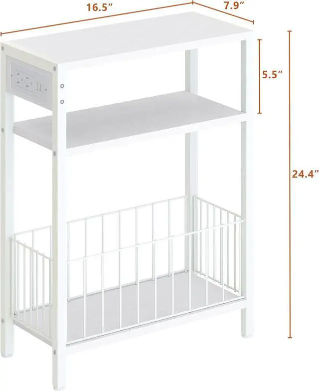 Alt view image 3 of 7 - Narrow Side Table with Charging Station Set of 2, Small End Table for Small Spaces, Slim Nightstand with Storage Basket, 3 Tier Skinny Bedside Table for Living Room, Bedroom, White