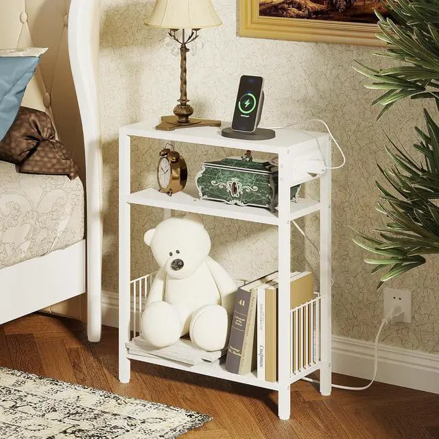 Alt view image 4 of 7 - Narrow Side Table with Charging Station Set of 2, Small End Table for Small Spaces, Slim Nightstand with Storage Basket, 3 Tier Skinny Bedside Table for Living Room, Bedroom, White