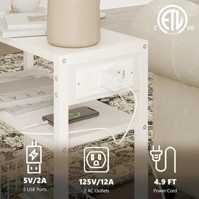 Alt view image 5 of 7 - Narrow Side Table with Charging Station Set of 2, Small End Table for Small Spaces, Slim Nightstand with Storage Basket, 3 Tier Skinny Bedside Table for Living Room, Bedroom, White
