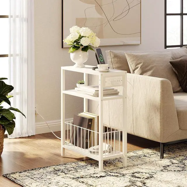 Alt view image 7 of 7 - Narrow Side Table with Charging Station Set of 2, Small End Table for Small Spaces, Slim Nightstand with Storage Basket, 3 Tier Skinny Bedside Table for Living Room, Bedroom, White