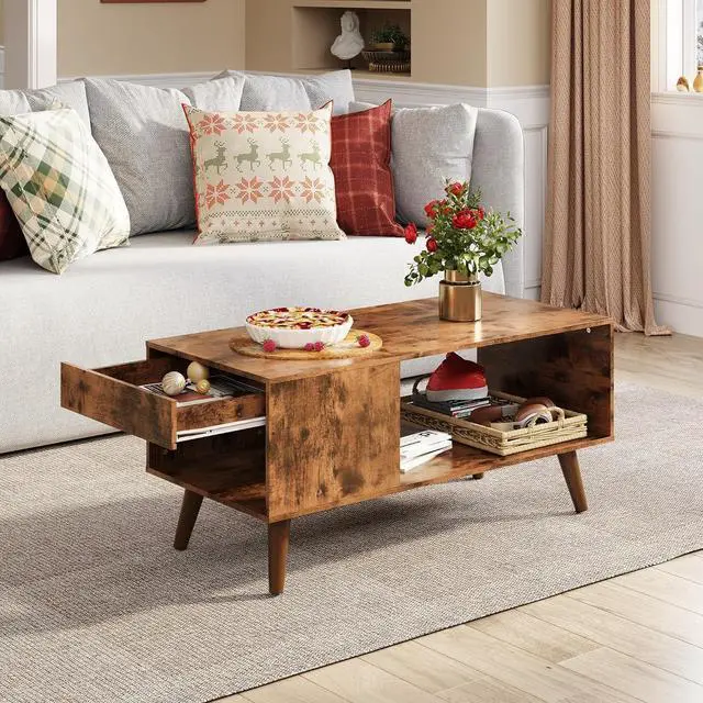 Alt view image 2 of 7 - WLIVE Coffee Table, 39.4" Wood Coffee Table with Sliding Top up to 50" TV, Modern Center Table with Open Storage Shelf for Living Room, Bedroom, Rustic Brown