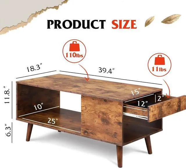Alt view image 3 of 7 - WLIVE Coffee Table, 39.4" Wood Coffee Table with Sliding Top up to 50" TV, Modern Center Table with Open Storage Shelf for Living Room, Bedroom, Rustic Brown