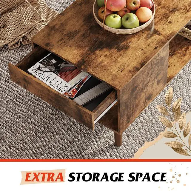 Alt view image 5 of 7 - WLIVE Coffee Table, 39.4" Wood Coffee Table with Sliding Top up to 50" TV, Modern Center Table with Open Storage Shelf for Living Room, Bedroom, Rustic Brown