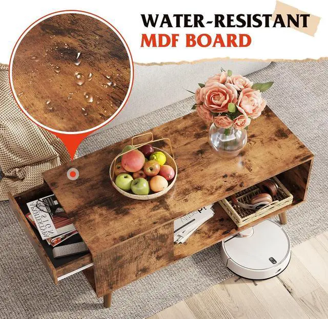 Alt view image 7 of 7 - WLIVE Coffee Table, 39.4" Wood Coffee Table with Sliding Top up to 50" TV, Modern Center Table with Open Storage Shelf for Living Room, Bedroom, Rustic Brown