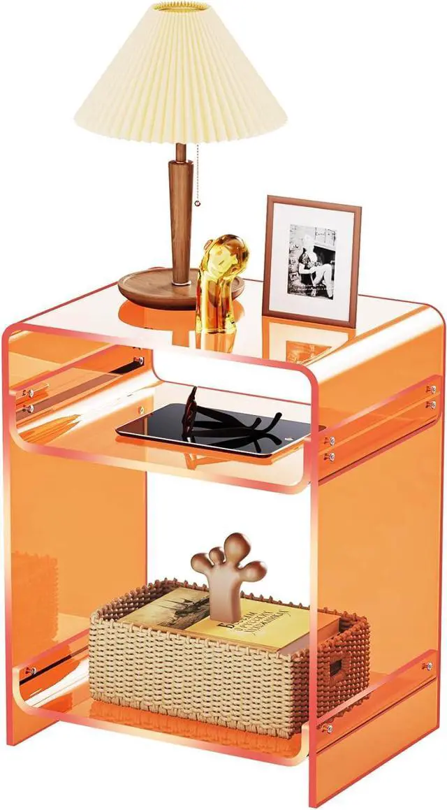 Main image of Acrylic End Table Record Player Table with Storage Shelf Clear Side Table Nightstand, Orange