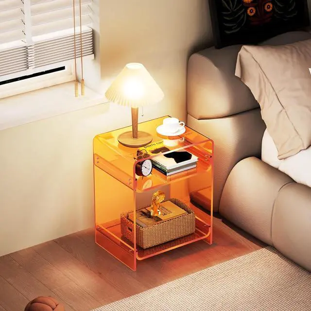 Alt view image 2 of 7 - Acrylic End Table Record Player Table with Storage Shelf Clear Side Table Nightstand, Orange
