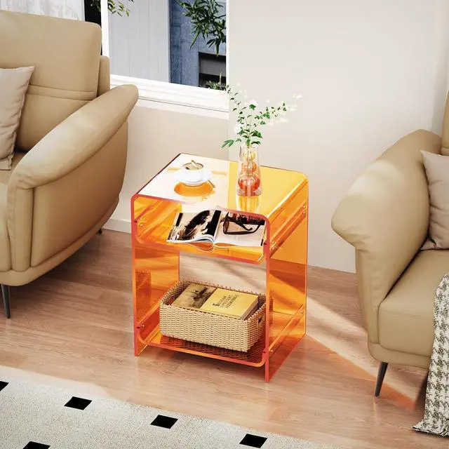Alt view image 4 of 7 - Acrylic End Table Record Player Table with Storage Shelf Clear Side Table Nightstand, Orange