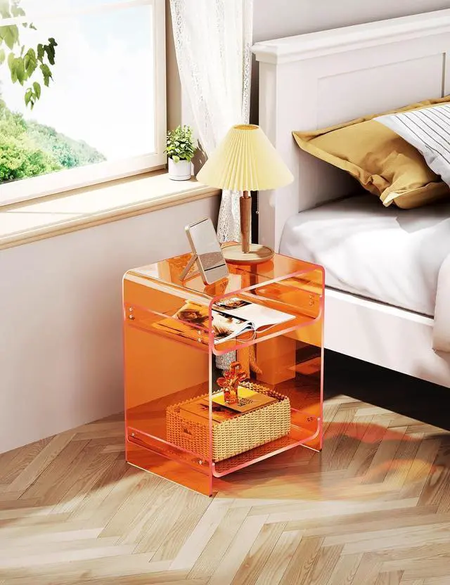 Alt view image 6 of 7 - Acrylic End Table Record Player Table with Storage Shelf Clear Side Table Nightstand, Orange