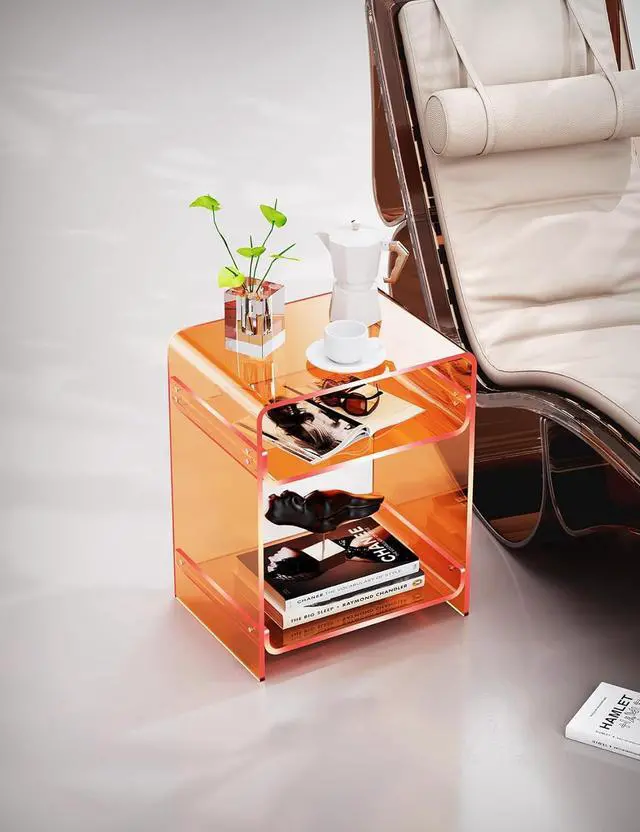 Alt view image 7 of 7 - Acrylic End Table Record Player Table with Storage Shelf Clear Side Table Nightstand, Orange