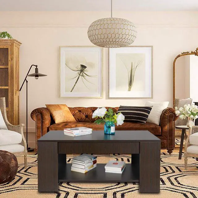 Alt view image 2 of 7 - SUPER DEAL Modern Lift Top Coffee Table w/Hidden Compartment and Storage Shelves Pop-Up Storage Cocktail Table for Living Room Reception Room