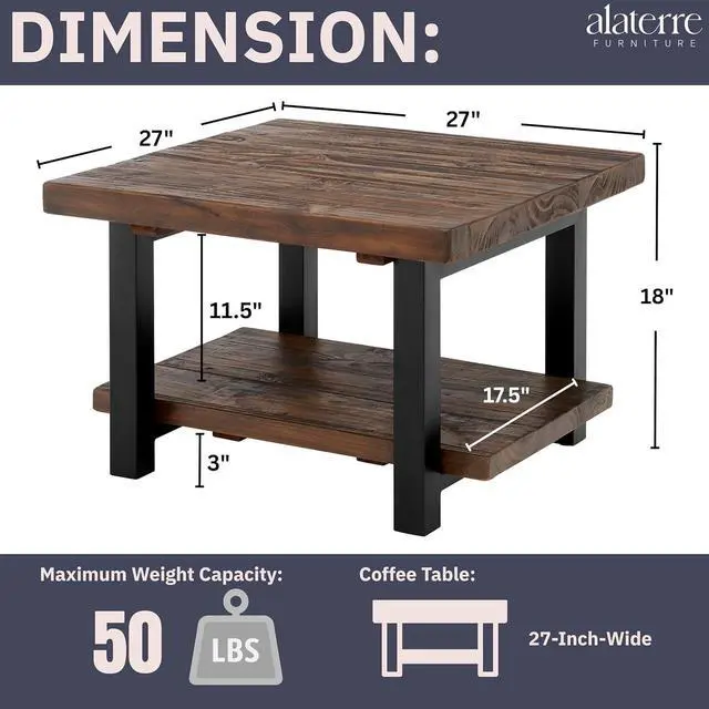 Alt view image 3 of 7 - Pomona 27-Inch Rustic Square Coffee Table  Solid Pine Wood with Natural Weathered Finish and Industrial Metal Legs  Small Space Living Room Accent by Alaterre Furniture