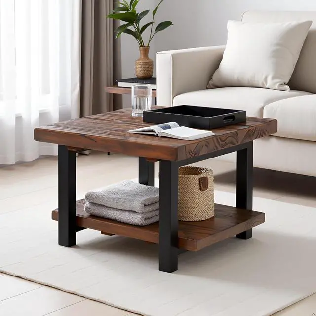 Alt view image 2 of 7 - Pomona 27-Inch Rustic Square Coffee Table  Solid Pine Wood with Natural Weathered Finish and Industrial Metal Legs  Small Space Living Room Accent by Alaterre Furniture