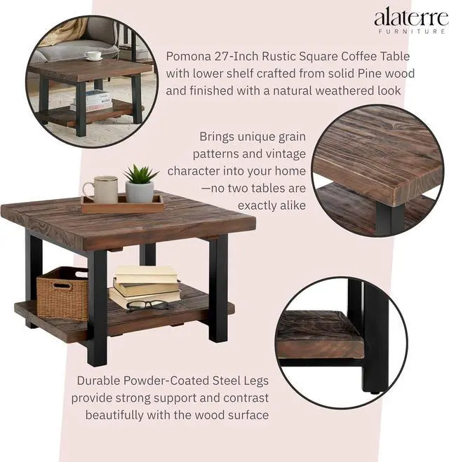 Alt view image 4 of 7 - Pomona 27-Inch Rustic Square Coffee Table  Solid Pine Wood with Natural Weathered Finish and Industrial Metal Legs  Small Space Living Room Accent by Alaterre Furniture