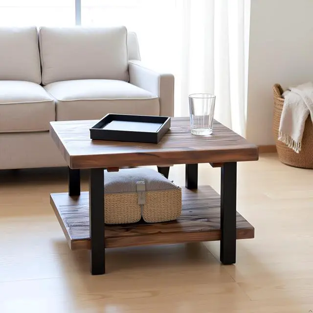 Alt view image 5 of 7 - Pomona 27-Inch Rustic Square Coffee Table  Solid Pine Wood with Natural Weathered Finish and Industrial Metal Legs  Small Space Living Room Accent by Alaterre Furniture