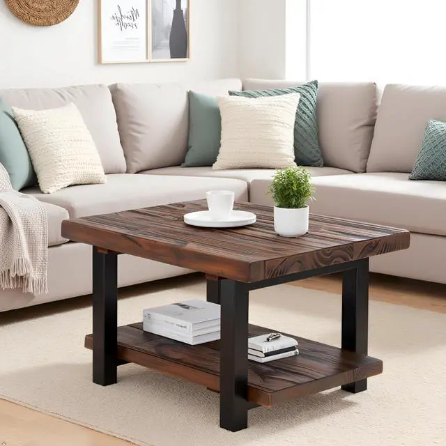 Alt view image 6 of 7 - Pomona 27-Inch Rustic Square Coffee Table  Solid Pine Wood with Natural Weathered Finish and Industrial Metal Legs  Small Space Living Room Accent by Alaterre Furniture