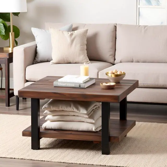 Alt view image 7 of 7 - Pomona 27-Inch Rustic Square Coffee Table  Solid Pine Wood with Natural Weathered Finish and Industrial Metal Legs  Small Space Living Room Accent by Alaterre Furniture