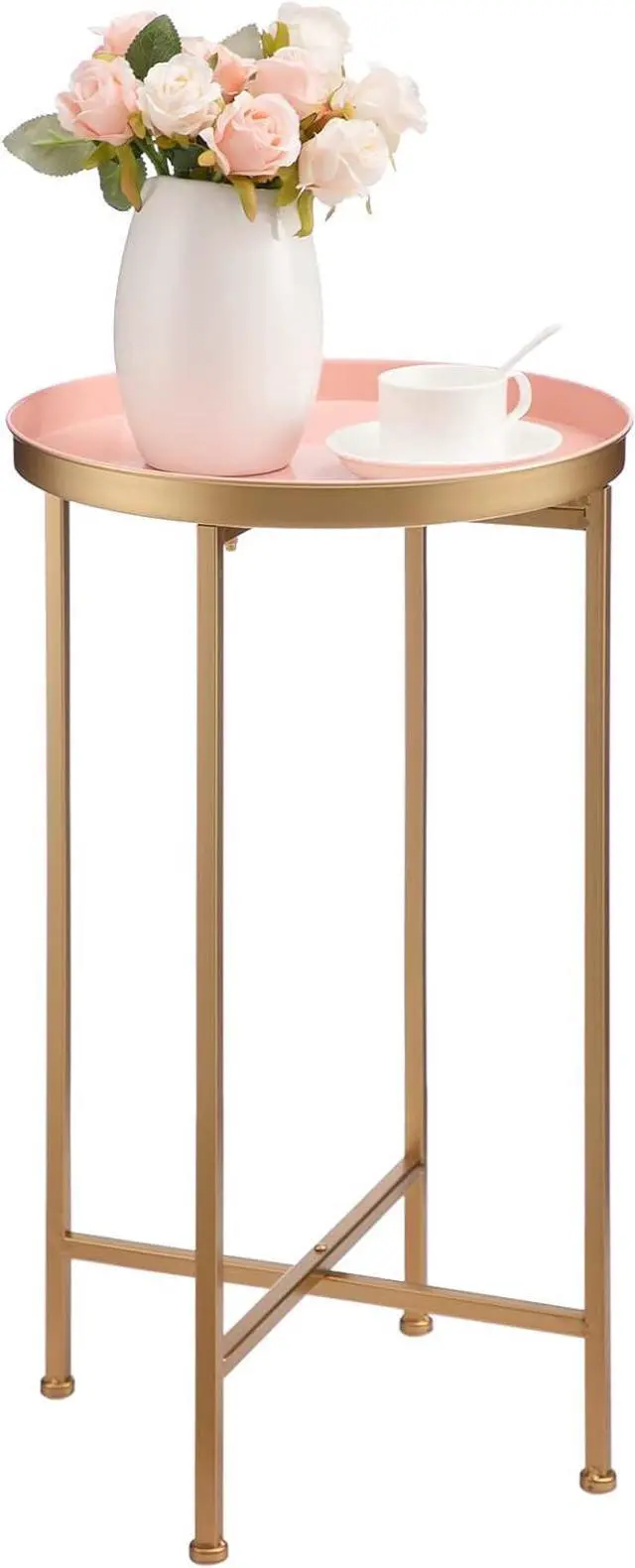 Main image of HollyHOME Small Round Metal End Table, Accent Indoor&Outdoor Coffee Side Table, Snack Sofa Table for Living Room, Anti-Rust Decorative Plant Stand, (D) 14.5" x(H) 25", Gold&Pink