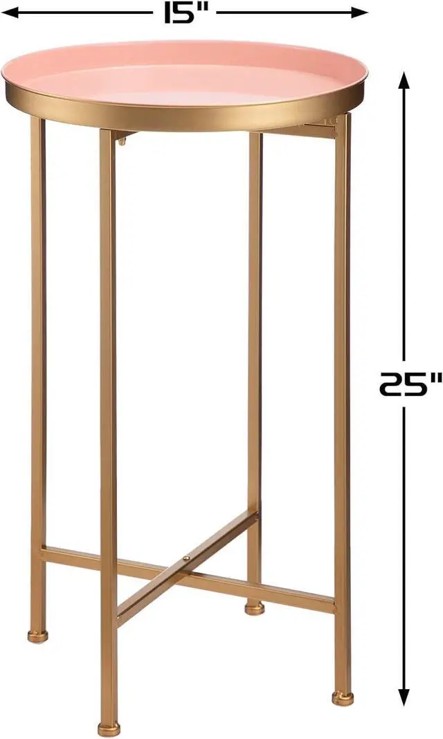 Alt view image 3 of 7 - HollyHOME Small Round Metal End Table, Accent Indoor&Outdoor Coffee Side Table, Snack Sofa Table for Living Room, Anti-Rust Decorative Plant Stand, (D) 14.5" x(H) 25", Gold&Pink