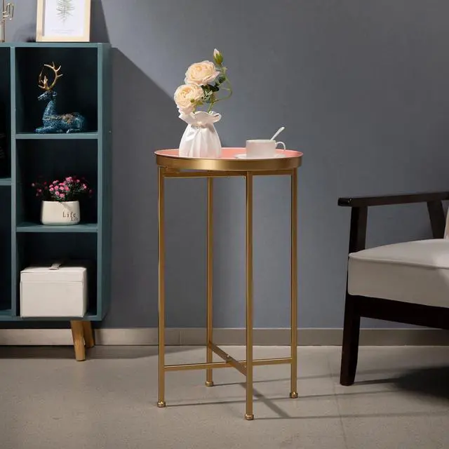 Alt view image 7 of 7 - HollyHOME Small Round Metal End Table, Accent Indoor&Outdoor Coffee Side Table, Snack Sofa Table for Living Room, Anti-Rust Decorative Plant Stand, (D) 14.5" x(H) 25", Gold&Pink