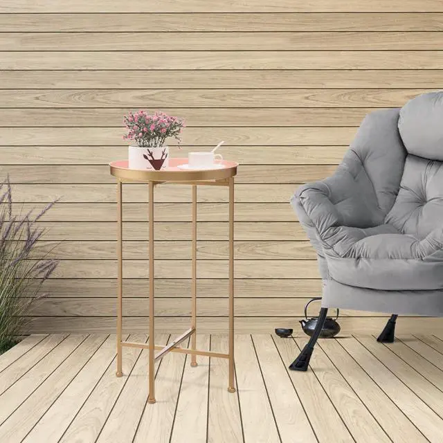 Alt view image 4 of 7 - HollyHOME Small Round Metal End Table, Accent Indoor&Outdoor Coffee Side Table, Snack Sofa Table for Living Room, Anti-Rust Decorative Plant Stand, (D) 14.5" x(H) 25", Gold&Pink