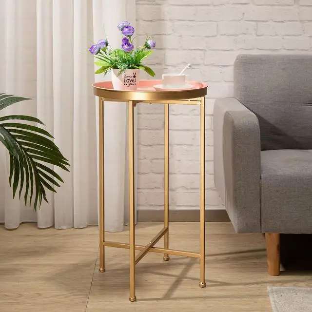 Alt view image 2 of 7 - HollyHOME Small Round Metal End Table, Accent Indoor&Outdoor Coffee Side Table, Snack Sofa Table for Living Room, Anti-Rust Decorative Plant Stand, (D) 14.5" x(H) 25", Gold&Pink