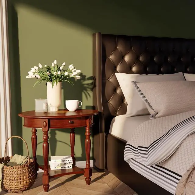 Main image of MODERION Solid Wood End Table with Drawer, Oval Sofa Side Table, Storage Shelf, Living Room Corner Table, Nightstand, 24H Cherry Walnut CJZ1533WD-DR