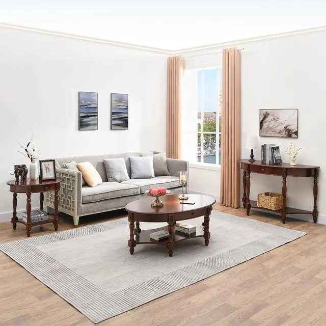 Alt view image 4 of 7 - MODERION Solid Wood End Table with Drawer, Oval Sofa Side Table, Storage Shelf, Living Room Corner Table, Nightstand, 24H Cherry Walnut CJZ1533WD-DR