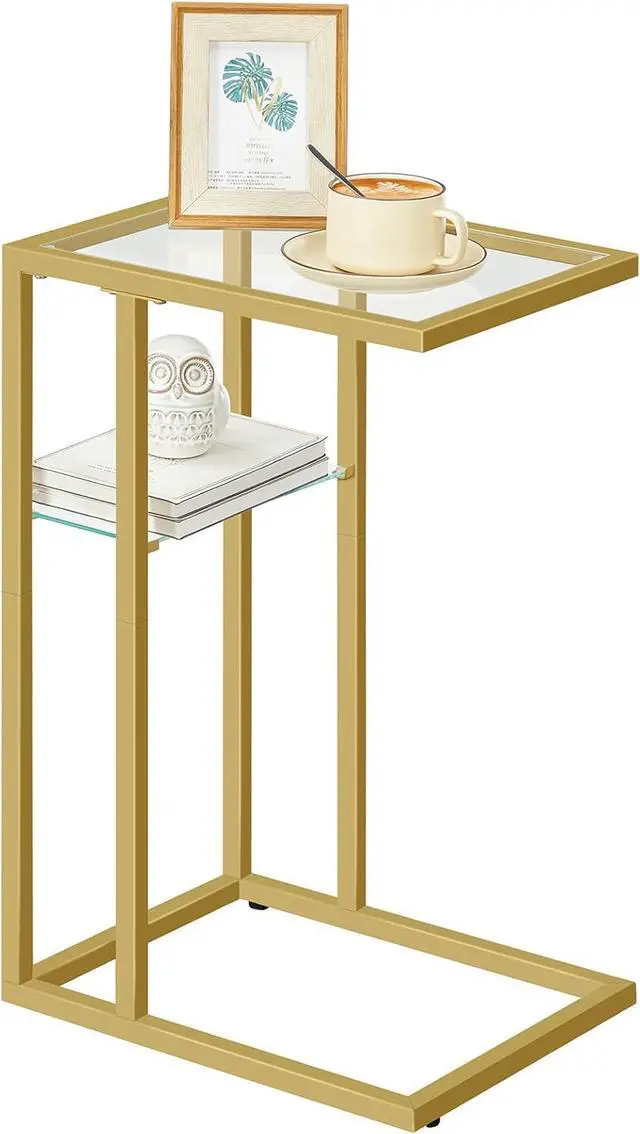 Main image of HOOBRO C Shaped End Table, Tempered Glass Snack Side Table with Metal Frame, TV Tray for Small Space, Sofa Couch and Bed, Living Room, Modern Style, Gold GD08SF01