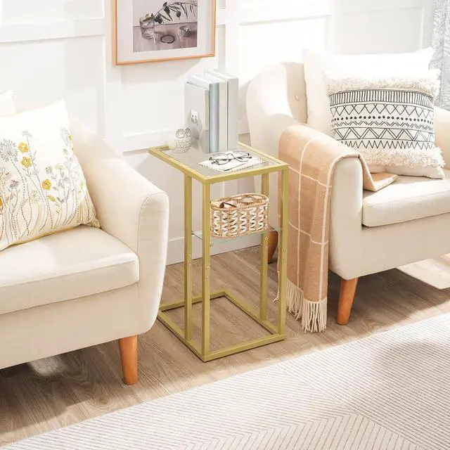 Alt view image 2 of 7 - HOOBRO C Shaped End Table, Tempered Glass Snack Side Table with Metal Frame, TV Tray for Small Space, Sofa Couch and Bed, Living Room, Modern Style, Gold GD08SF01