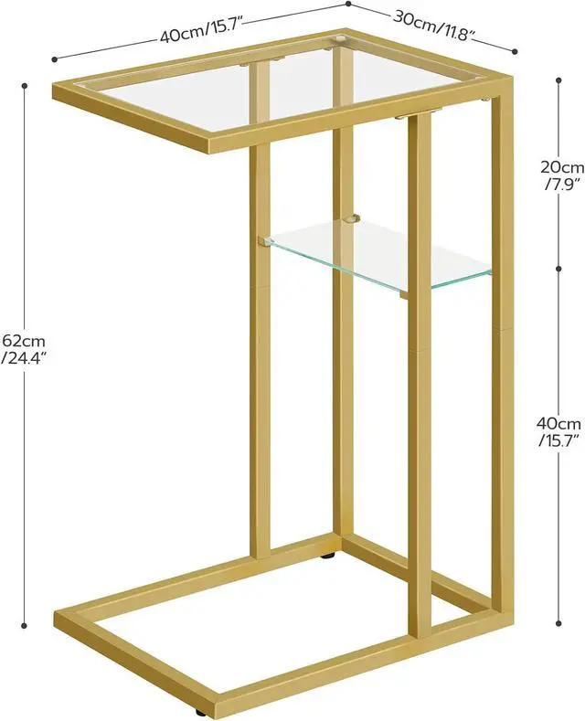 Alt view image 3 of 7 - HOOBRO C Shaped End Table, Tempered Glass Snack Side Table with Metal Frame, TV Tray for Small Space, Sofa Couch and Bed, Living Room, Modern Style, Gold GD08SF01