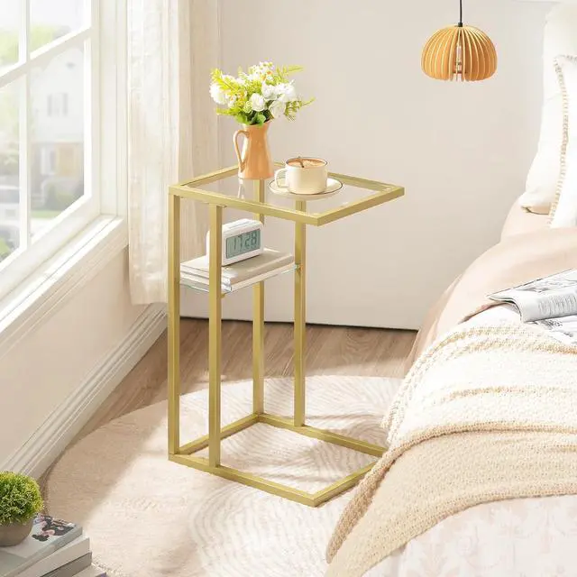 Alt view image 4 of 7 - HOOBRO C Shaped End Table, Tempered Glass Snack Side Table with Metal Frame, TV Tray for Small Space, Sofa Couch and Bed, Living Room, Modern Style, Gold GD08SF01