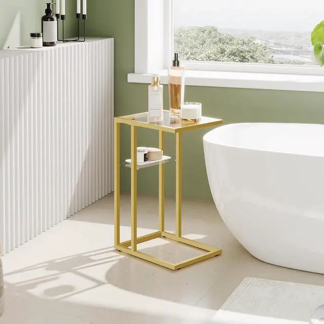 Alt view image 5 of 7 - HOOBRO C Shaped End Table, Tempered Glass Snack Side Table with Metal Frame, TV Tray for Small Space, Sofa Couch and Bed, Living Room, Modern Style, Gold GD08SF01