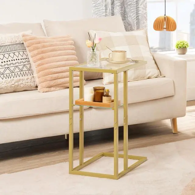 Alt view image 7 of 7 - HOOBRO C Shaped End Table, Tempered Glass Snack Side Table with Metal Frame, TV Tray for Small Space, Sofa Couch and Bed, Living Room, Modern Style, Gold GD08SF01