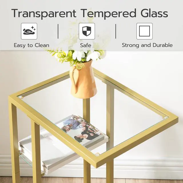 Alt view image 6 of 7 - HOOBRO C Shaped End Table, Tempered Glass Snack Side Table with Metal Frame, TV Tray for Small Space, Sofa Couch and Bed, Living Room, Modern Style, Gold GD08SF01