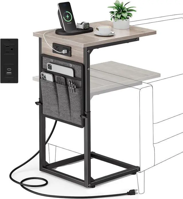 Main image of VAGUSICC C Shaped End Table with Charging Station, Adjustable Height Side Table for Couch Recliner, Small Sofa Table with Storage Bag, Slide Under Sofa TV Tray Arm Table for Living Room, Bedroom, Gray