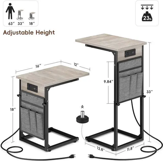 Alt view image 3 of 7 - VAGUSICC C Shaped End Table with Charging Station, Adjustable Height Side Table for Couch Recliner, Small Sofa Table with Storage Bag, Slide Under Sofa TV Tray Arm Table for Living Room, Bedroom, Gray