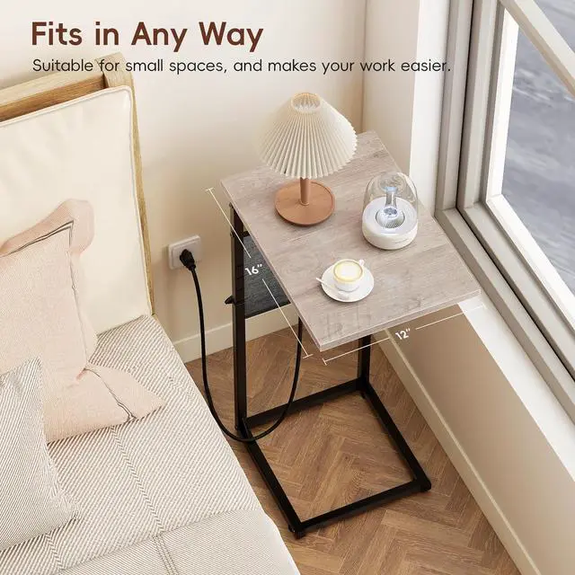 Alt view image 4 of 7 - VAGUSICC C Shaped End Table with Charging Station, Adjustable Height Side Table for Couch Recliner, Small Sofa Table with Storage Bag, Slide Under Sofa TV Tray Arm Table for Living Room, Bedroom, Gray