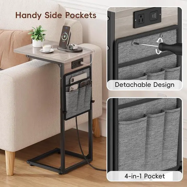 Alt view image 6 of 7 - VAGUSICC C Shaped End Table with Charging Station, Adjustable Height Side Table for Couch Recliner, Small Sofa Table with Storage Bag, Slide Under Sofa TV Tray Arm Table for Living Room, Bedroom, Gray