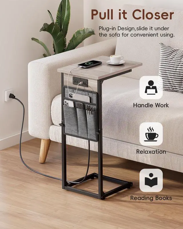 Alt view image 7 of 7 - VAGUSICC C Shaped End Table with Charging Station, Adjustable Height Side Table for Couch Recliner, Small Sofa Table with Storage Bag, Slide Under Sofa TV Tray Arm Table for Living Room, Bedroom, Gray