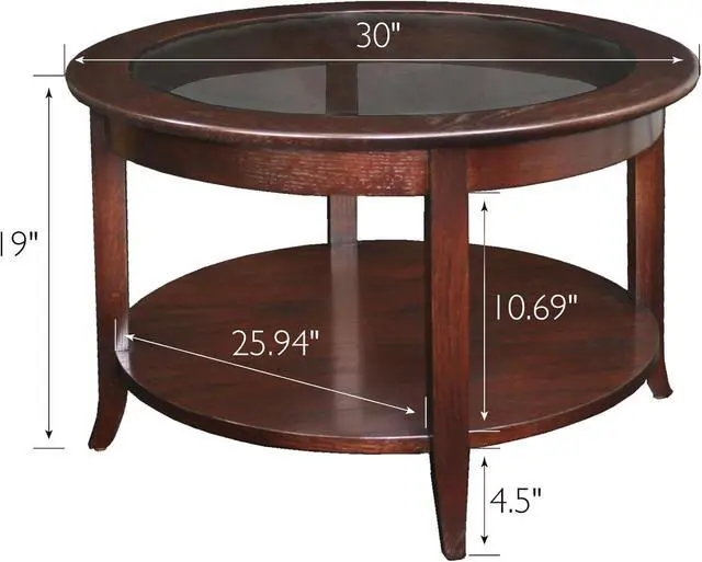 Alt view image 3 of 7 - Sheldon Round Glass Top Solid Wood Coffee Table with Shelf, Chocolate Oak Brown  Leick Home, 10037