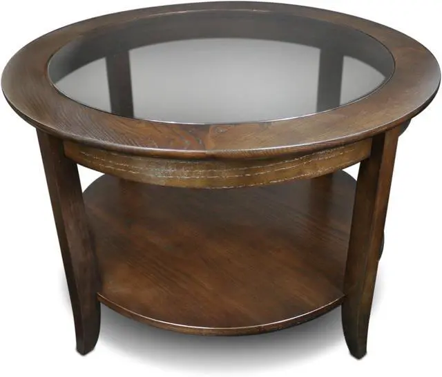 Alt view image 4 of 7 - Sheldon Round Glass Top Solid Wood Coffee Table with Shelf, Chocolate Oak Brown  Leick Home, 10037