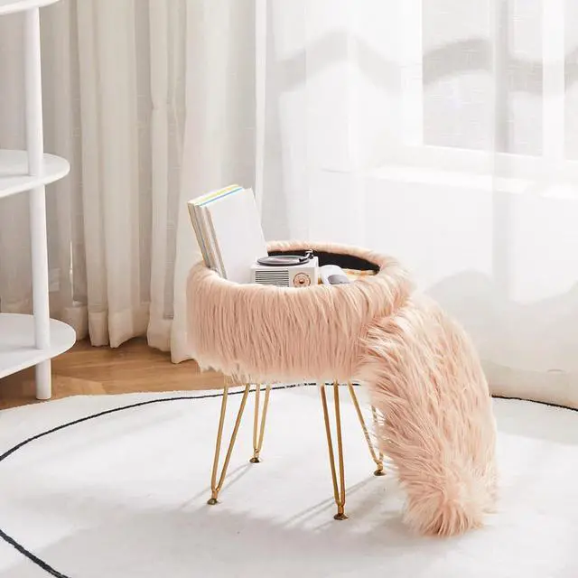 Alt view image 7 of 7 - Mxfurhawa Faux Fur Storage Ottoman Round Furry Vanity Stool Marble Grain Tray Coffee Table Compact Footrest Stool with 4 Metal Legs Soft Makeup Seat Foot Stools Living Room Bedroom Entryway Champagne