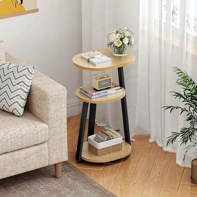 Alt view image 5 of 7 - Side Table, Small End Table with Metal Frame, 3-Tier Bedside Tables, Round Side Tables for Living Room Bedroom Couch Bathroom, Oval, Modern Oak