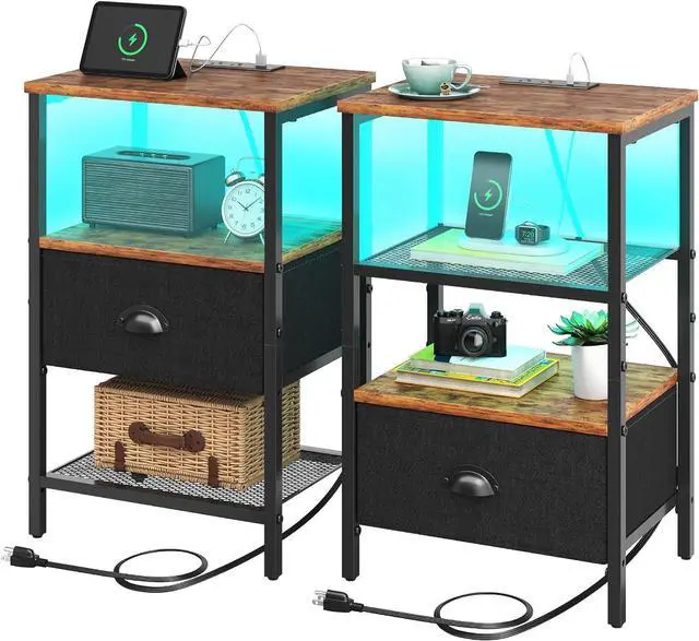 Main image of Sthmec Nightstands Set of 2, LED Bedside Tables with Charging Station and Fabric Drawer, Night Stand with Storage, 3 Tier Side Table with Open Shelf, LED Nightstands with Charging Station,Rustic Brown