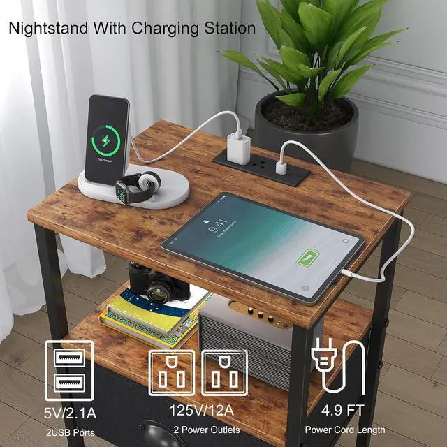 Alt view image 4 of 7 - Sthmec Nightstands Set of 2, LED Bedside Tables with Charging Station and Fabric Drawer, Night Stand with Storage, 3 Tier Side Table with Open Shelf, LED Nightstands with Charging Station,Rustic Brown