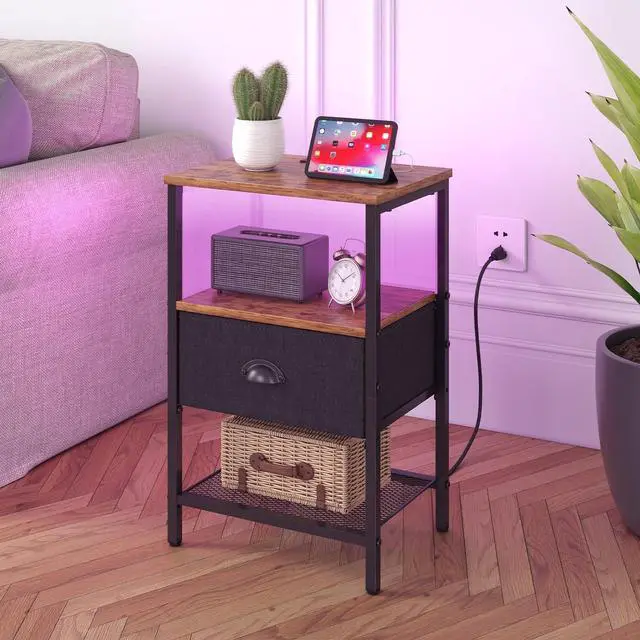 Alt view image 2 of 7 - Sthmec Nightstands Set of 2, LED Bedside Tables with Charging Station and Fabric Drawer, Night Stand with Storage, 3 Tier Side Table with Open Shelf, LED Nightstands with Charging Station,Rustic Brown
